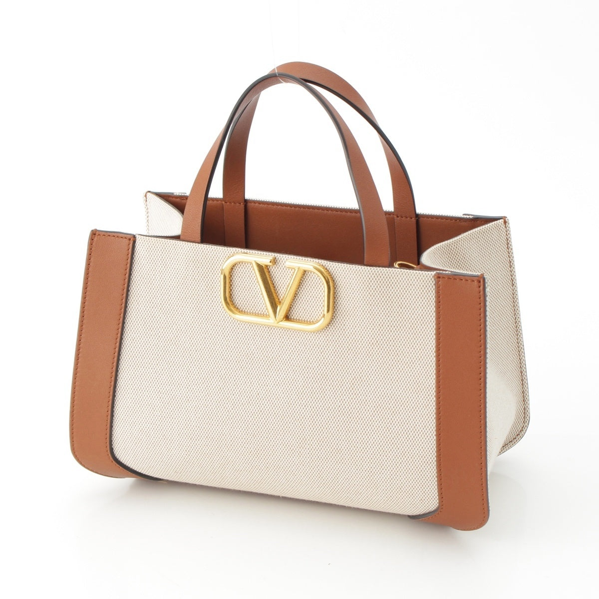 VALENTINO Canvas leather V-logo 2-way shoulder bag Handbag Beige brown