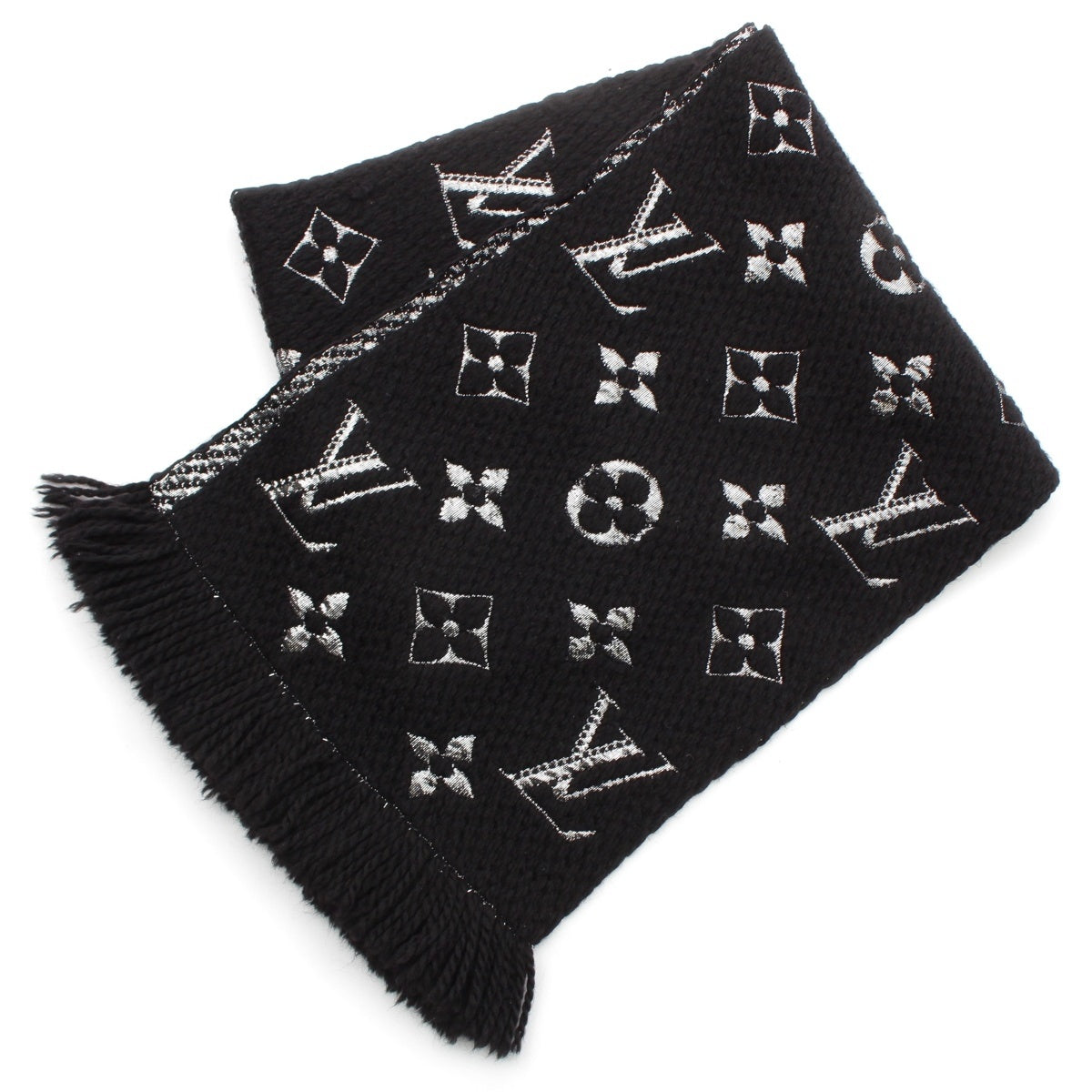 LOUIS VUITTON Echal Progomania Silk and wool Monogram Scarf M75833 IS0198 Black Silver