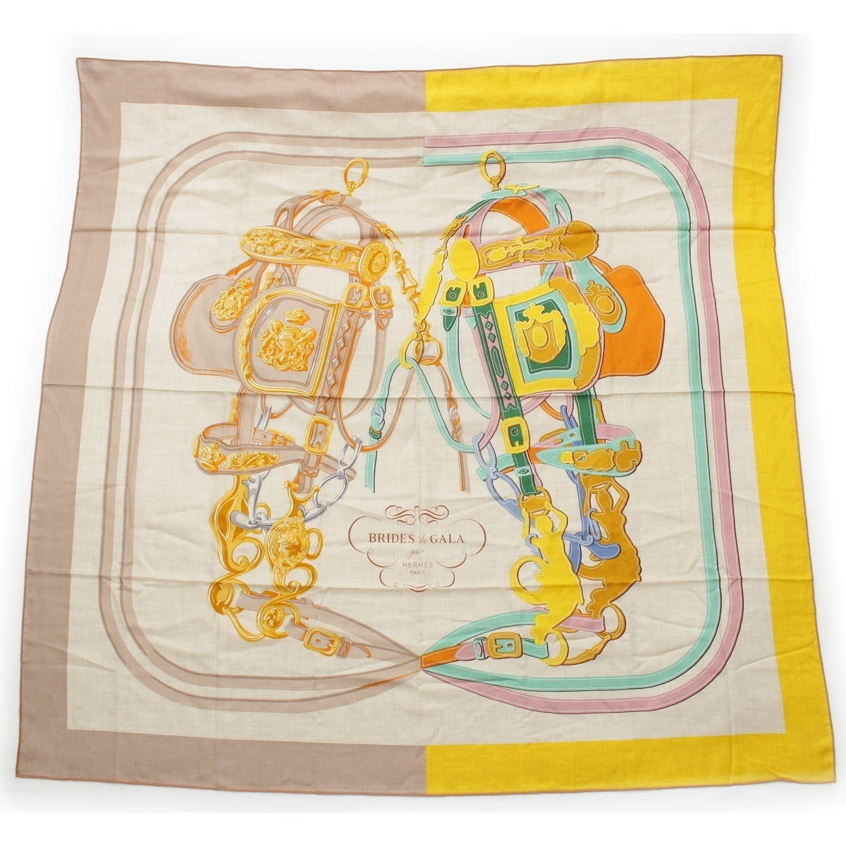 HERMES cashmere silk Carré 140 Casisil Carré Jean BRIDES de GALA scarf Yellow