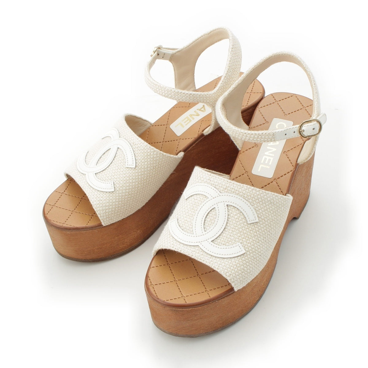 CHANEL Wood Wood sole platform canvas COCO Mark Sandals G45555 White brown brown system 39c