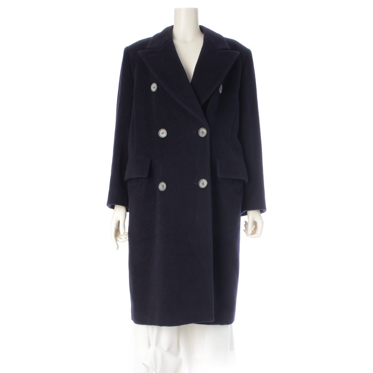 MAX MARA Wool x cashmere Double Breasted Long coat outer Navy J42