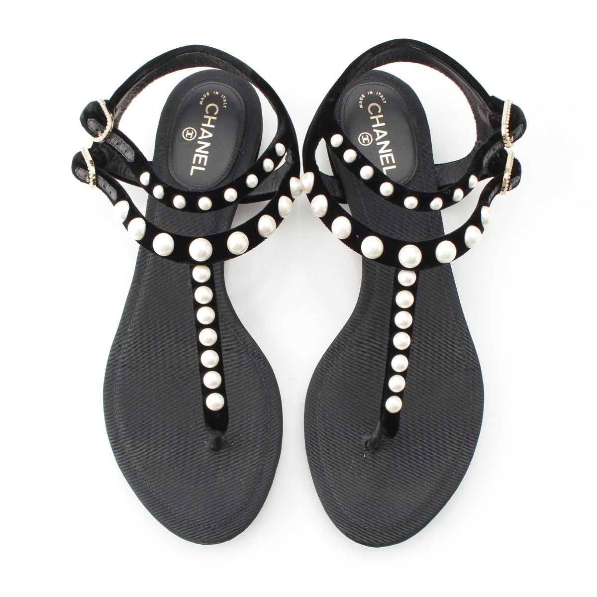 CHANEL Suede Pearl Toggle Sandals Shoes Flats black 36C
