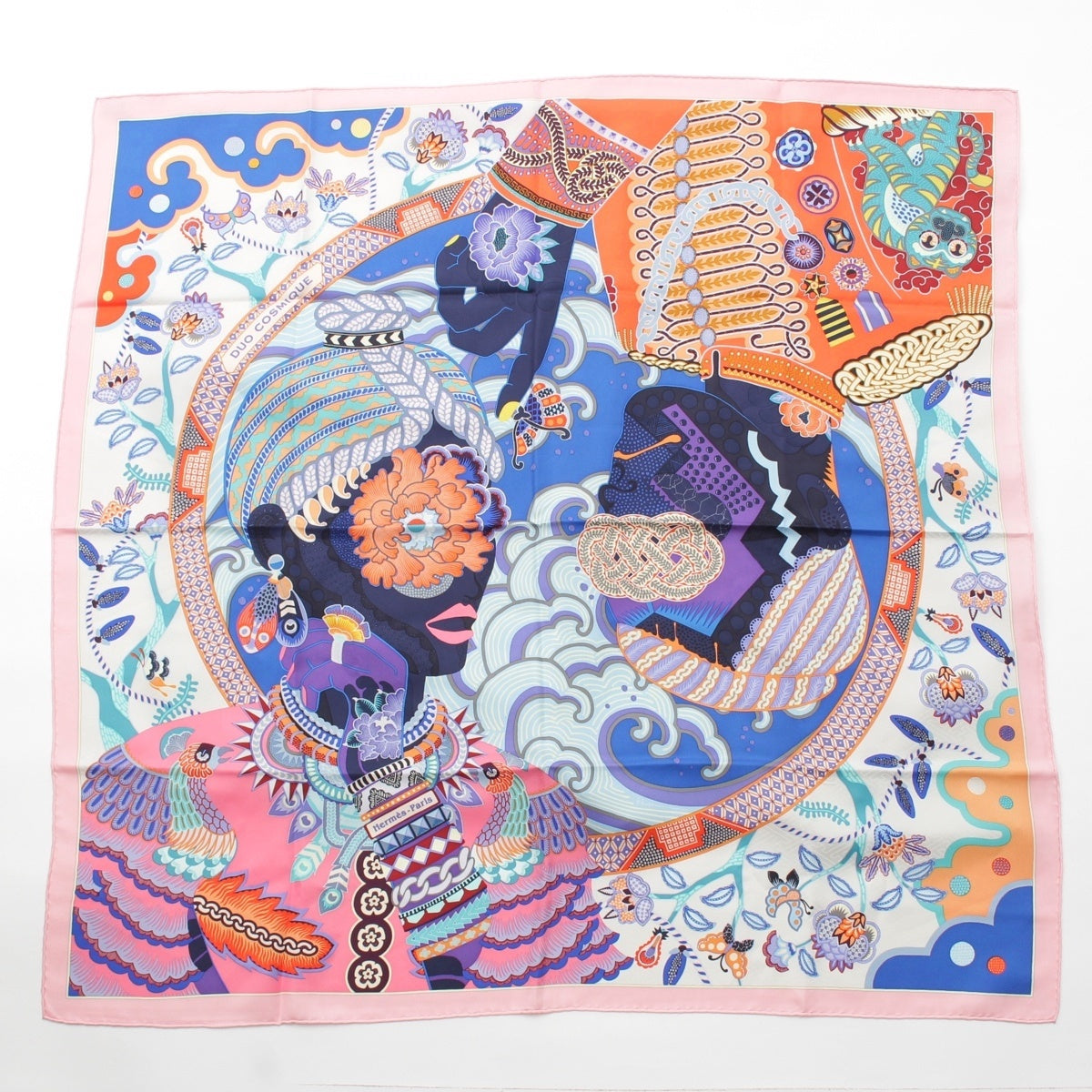 HERMES Carre 90 DUO COSMIQUE Duo Cosmic silk scarf Animals Butterflies Flowers pink