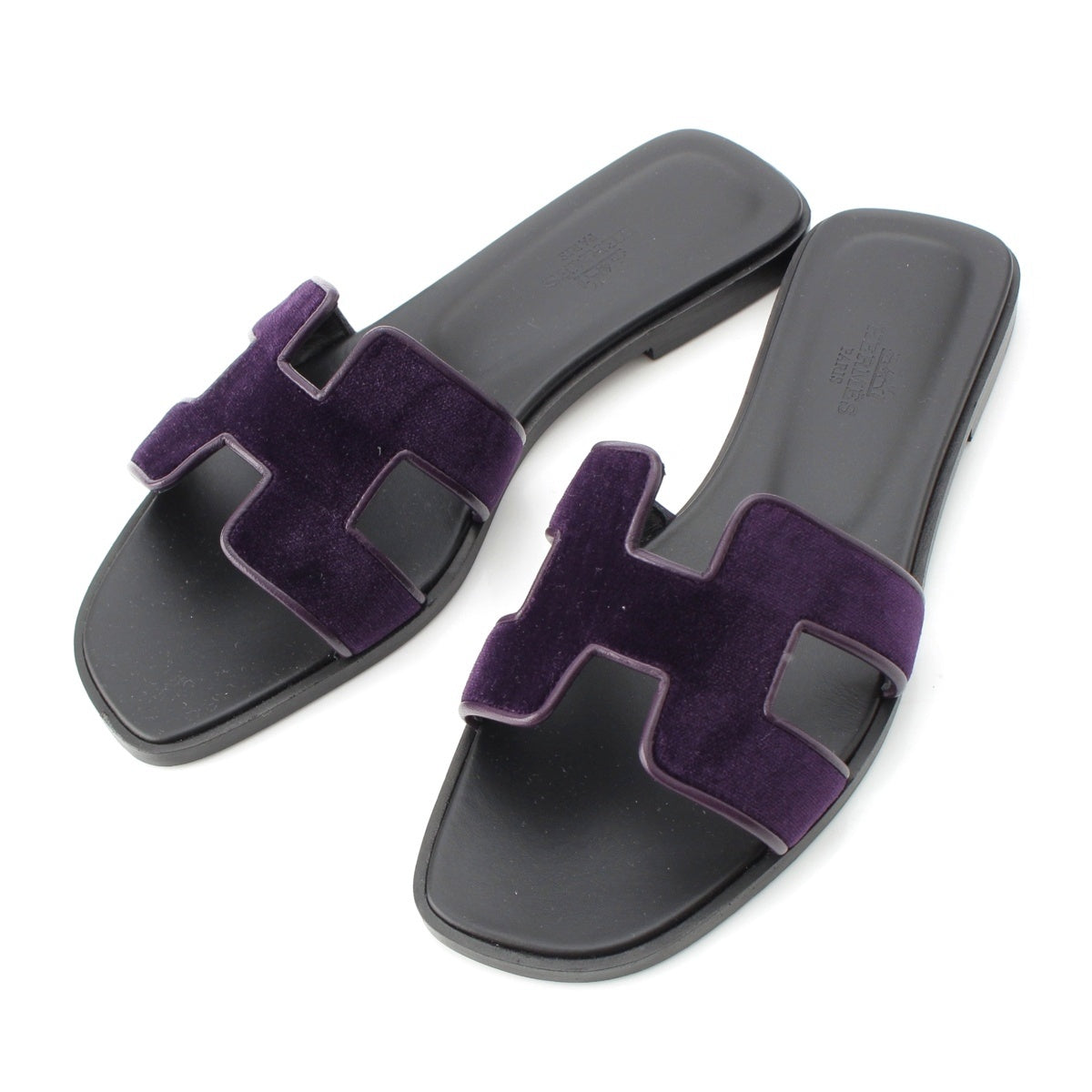 HERMES Oran Leather x Velvet Sandals purple 36