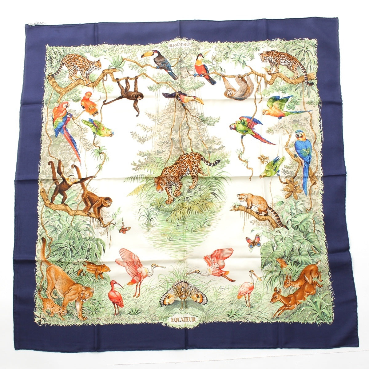 HERMES Curry 90 EQUATEUR Just below the equator silk scarf Animal Animal Bird Blue white