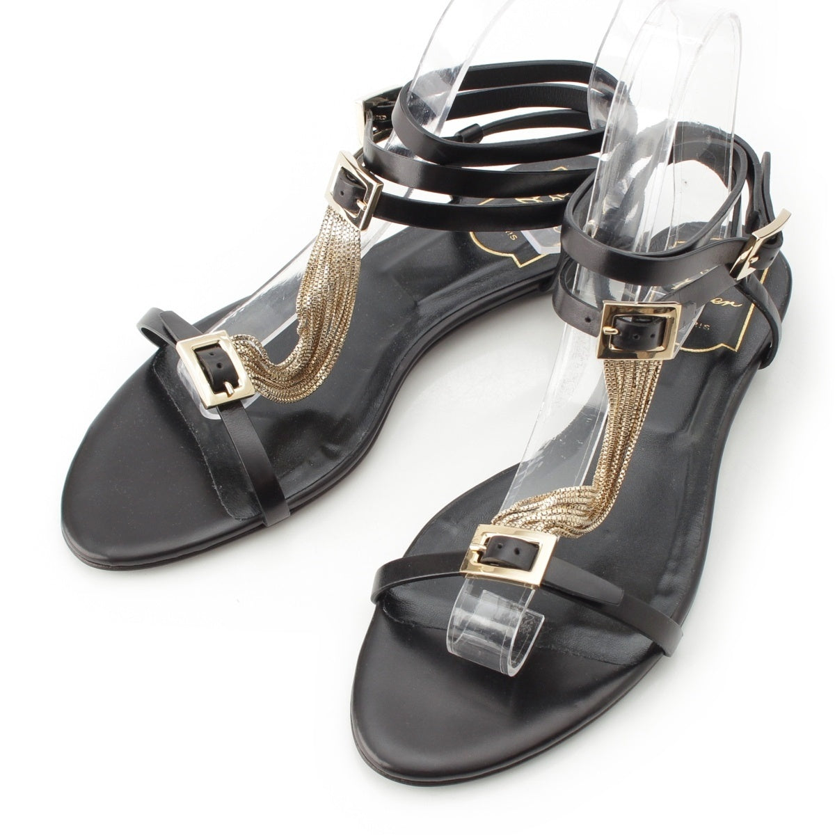 Roger Vivier leather Buckle Chain Strap Flat Sandals shoes black 37 1/2