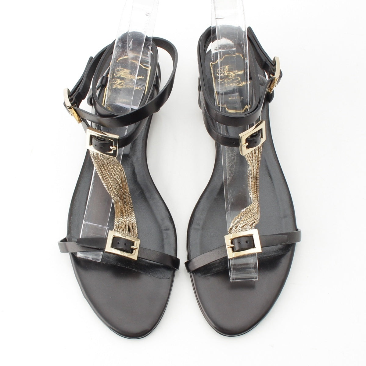 Roger Vivier leather Buckle Chain Strap Flat Sandals shoes black 37 1/2