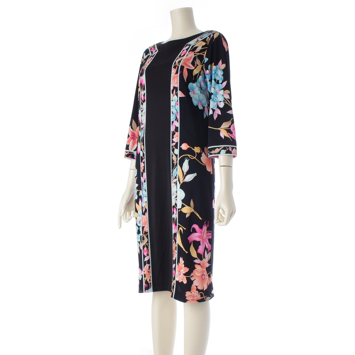 LEONARD Cancan material Flower Boat Neck one piece Three-quarter sleeves, knee-length, floral print 0130213 Black multicolor 40