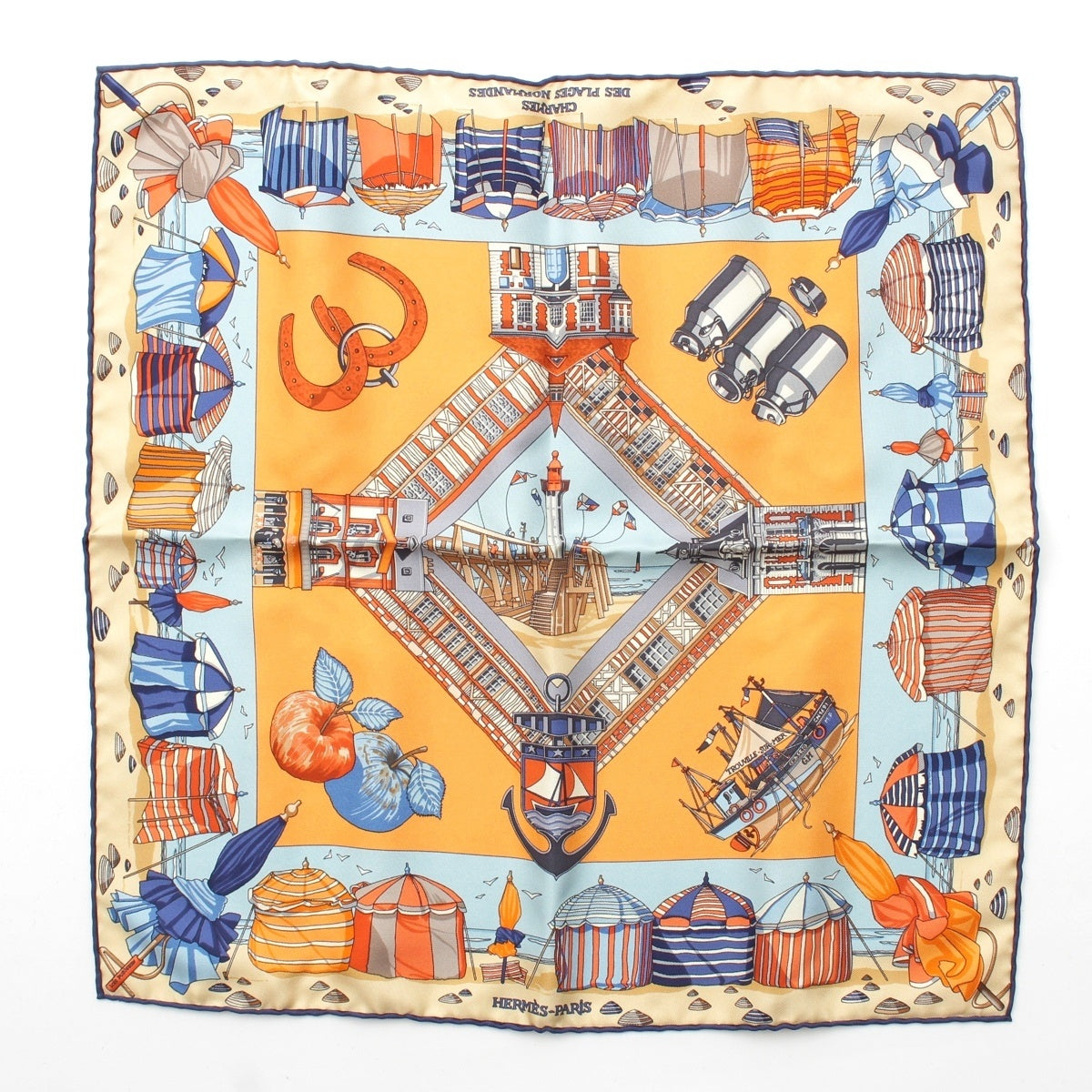 HERMES Carré 45 CHARMES DES PLAGES NORMANDES - The Charms of the Normandy Coast silk scarf Sea, boat, beach Orange blue