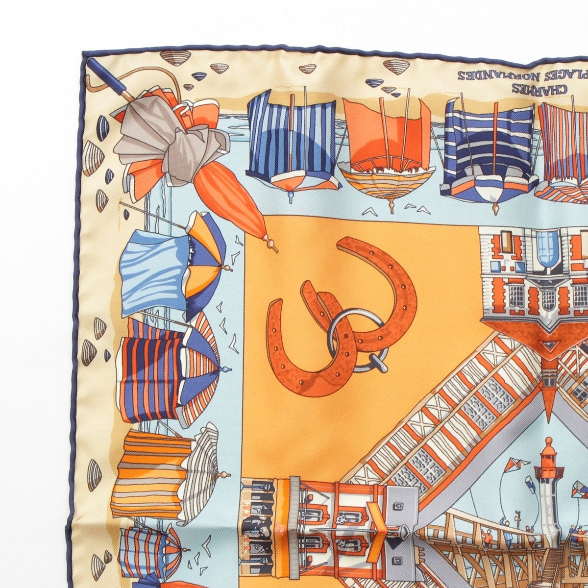HERMES Carré 45 CHARMES DES PLAGES NORMANDES - The Charms of the Normandy Coast silk scarf Sea, boat, beach Orange blue