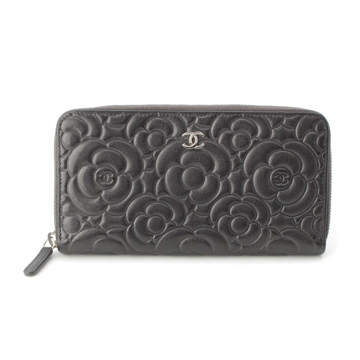CHANEL leather No. 28 COCO Mark Camellia Embossed Zip Around Purse Wallet Charcoal gray