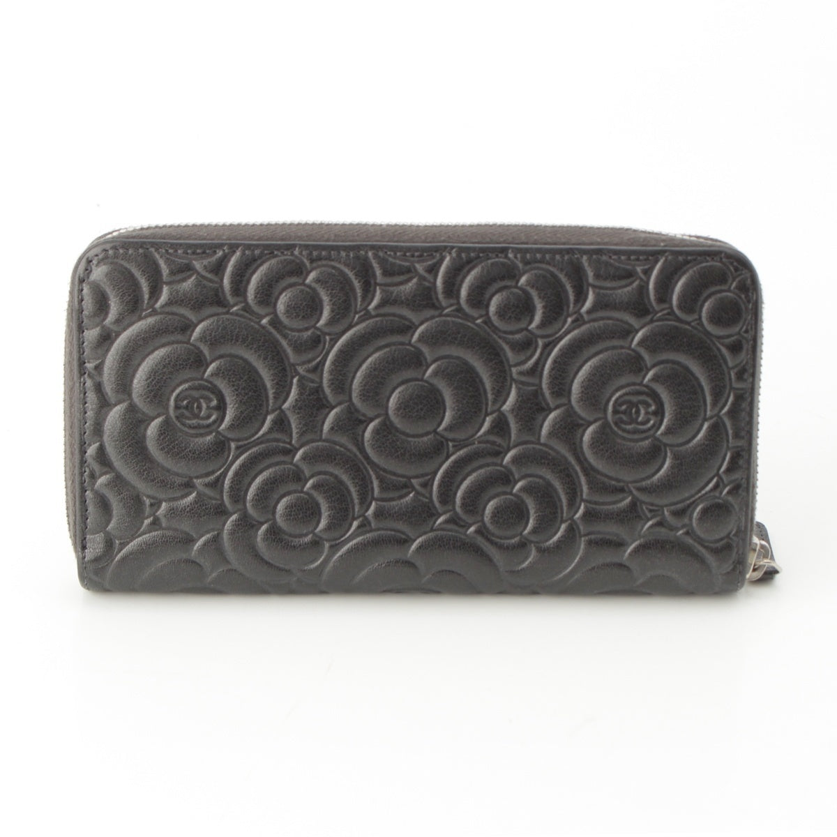 CHANEL leather No. 28 COCO Mark Camellia Embossed Zip Around Purse Wallet Charcoal gray
