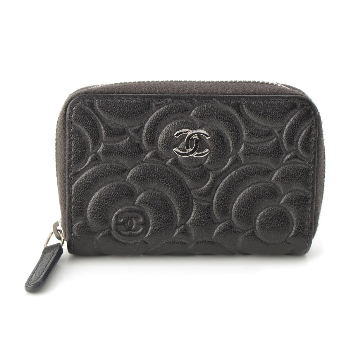 CHANEL leather No. 28 COCO Mark Camellia Embossed Coin case Card Case Charcoal gray
