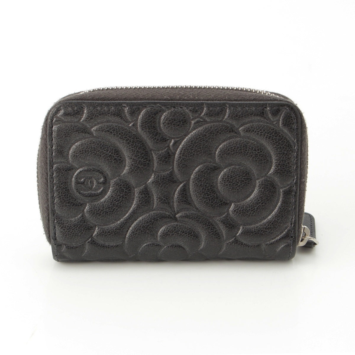 CHANEL leather No. 28 COCO Mark Camellia Embossed Coin case Card Case Charcoal gray