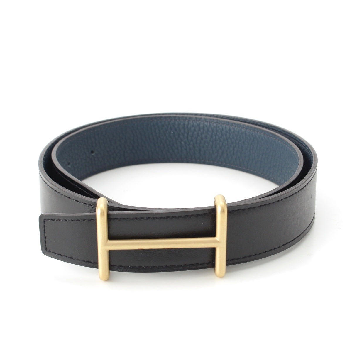 HERMES leather H buckle gold metal belt Black blue 80