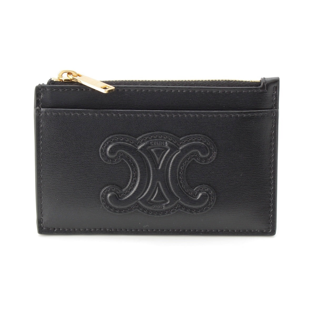CELINE Cuir Triomphe Smooth lambskin Card holder with zip Coin case Compact wallet Black gold