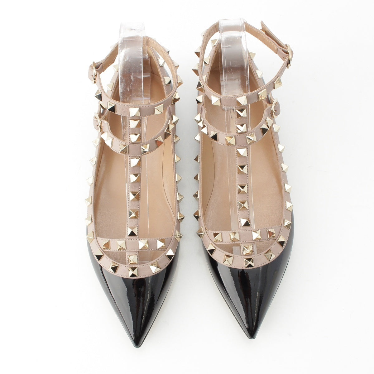 VALENTINO patent Rockstud ankle strap flats pumps Black beige 38