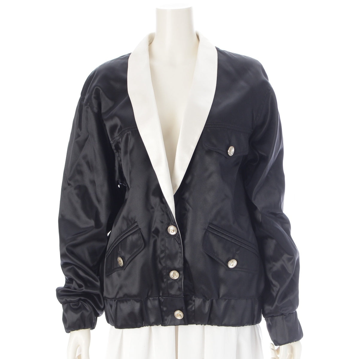 CHANEL No.5 Button Satin Shawl Collar Blouson Jacket outerwear P70698 Black x white 38