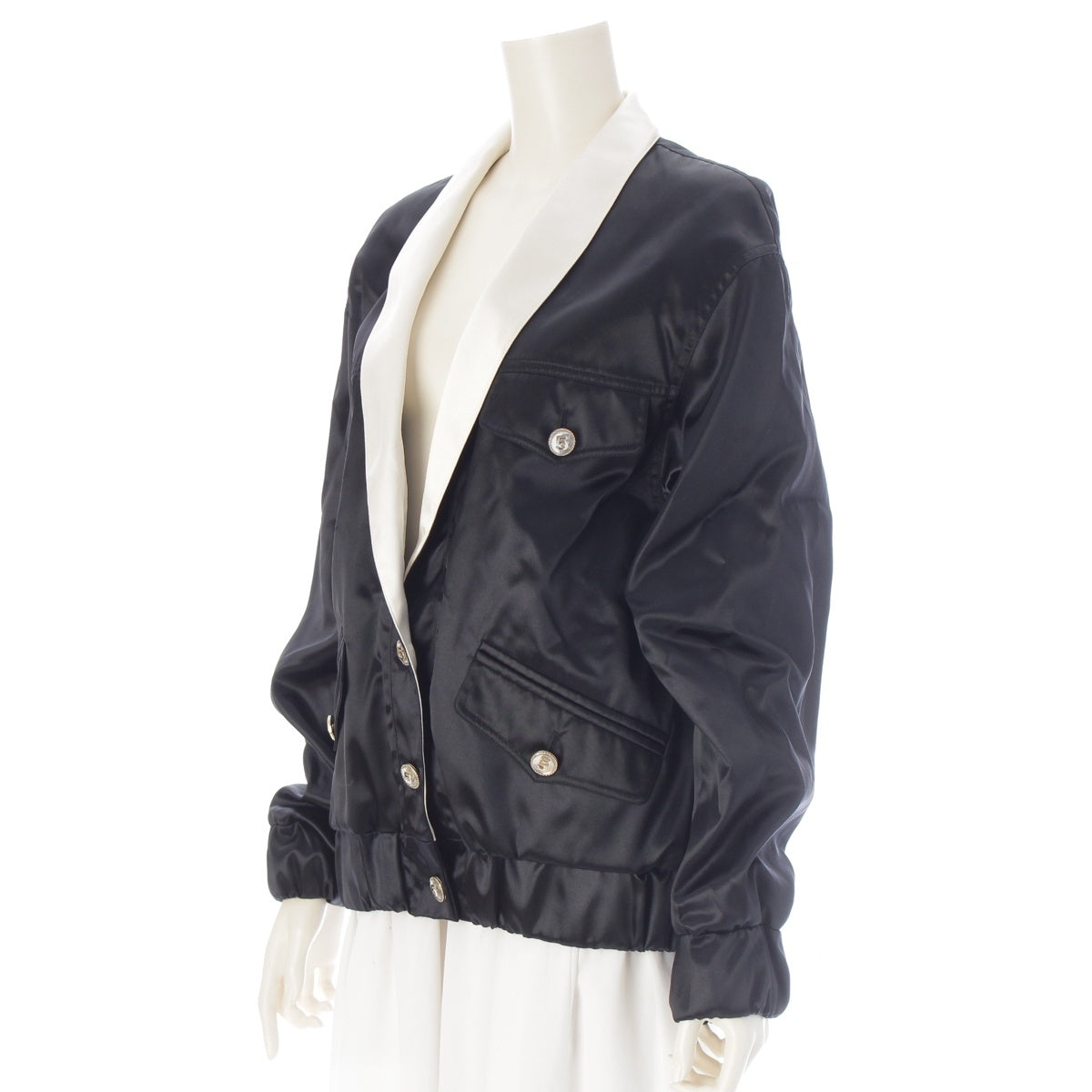CHANEL No.5 Button Satin Shawl Collar Blouson Jacket outerwear P70698 Black x white 38