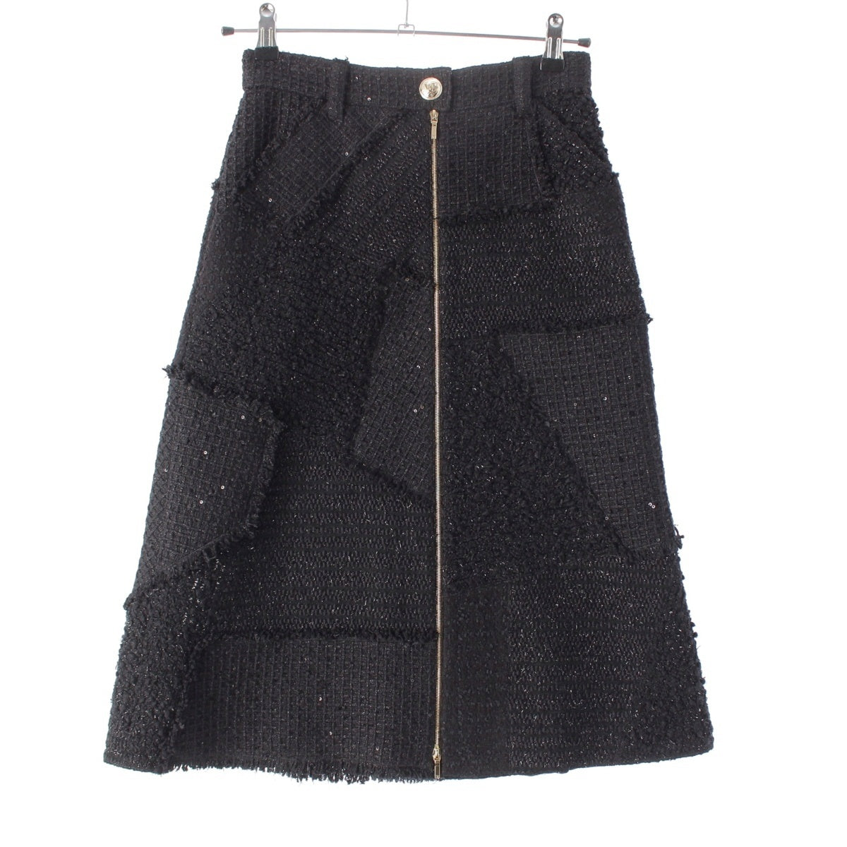 CHANEL Wool Cotton Tweed COCO Button Patchwork skirt Semi-flared bottoms P65448 black 34