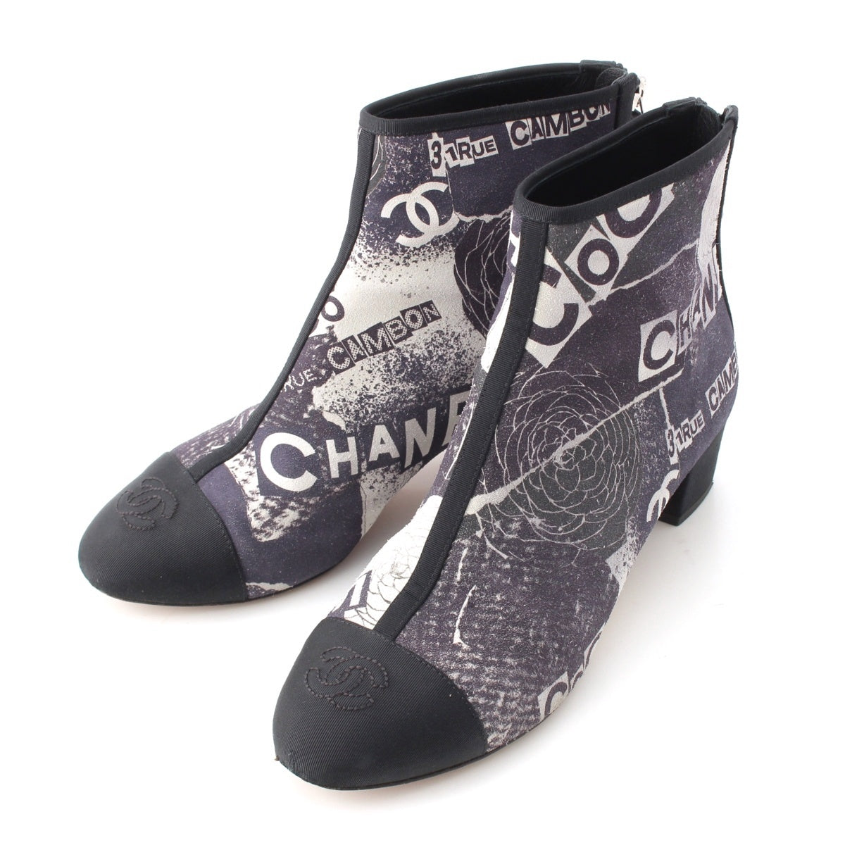 CHANEL Camelia Calfskin Grosgrain Logo print COCO Mark embroidery boots Short Shoes G35552 Gray Black Silver 37C