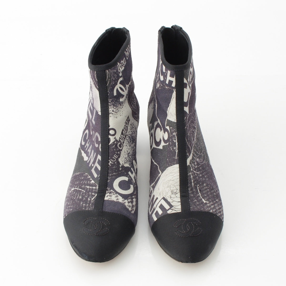 CHANEL Camelia Calfskin Grosgrain Logo print COCO Mark embroidery boots Short Shoes G35552 Gray Black Silver 37C