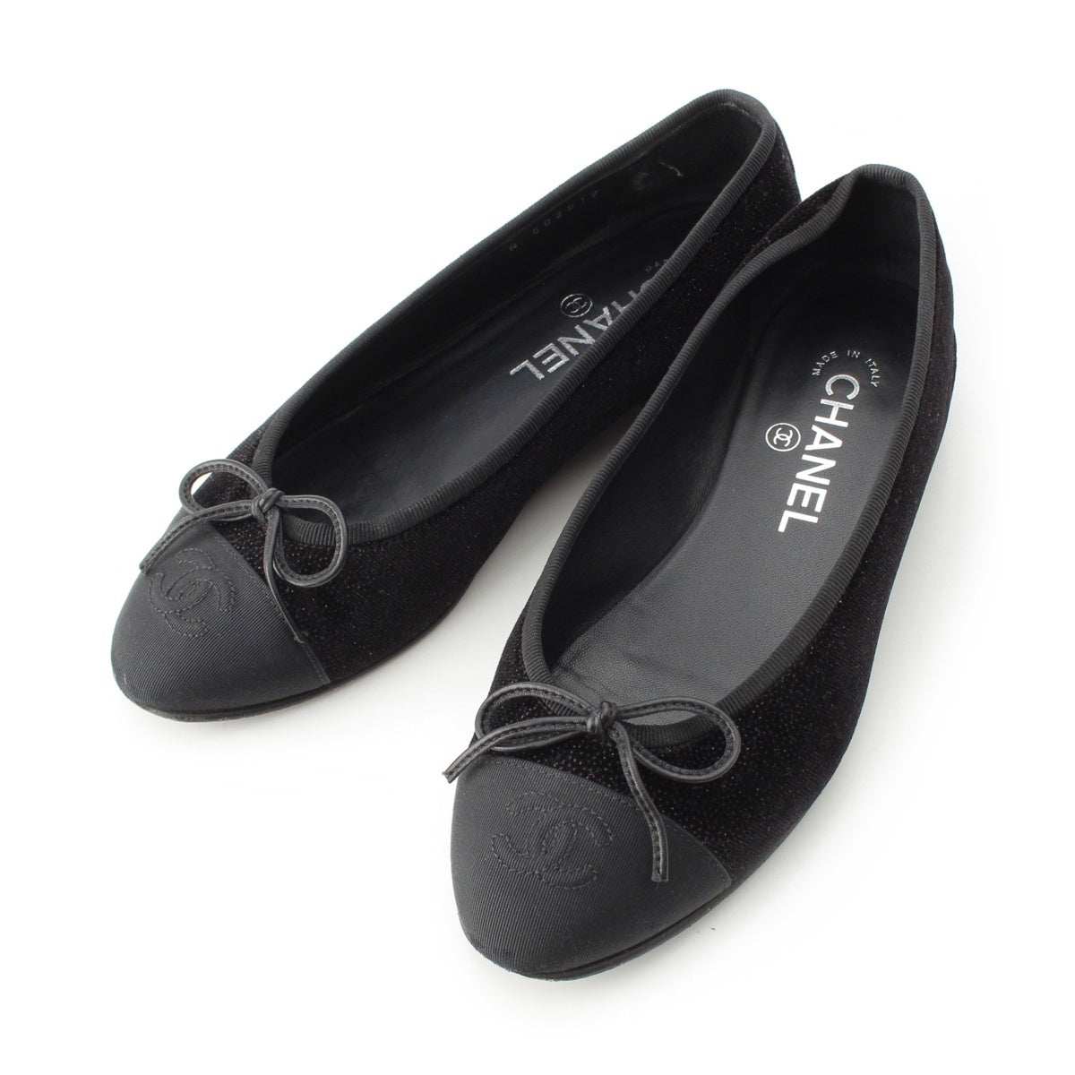 CHANEL Velor COCO Mark Embroidered Ribbon pumps Shoes Flats G02819 black 36 1/2