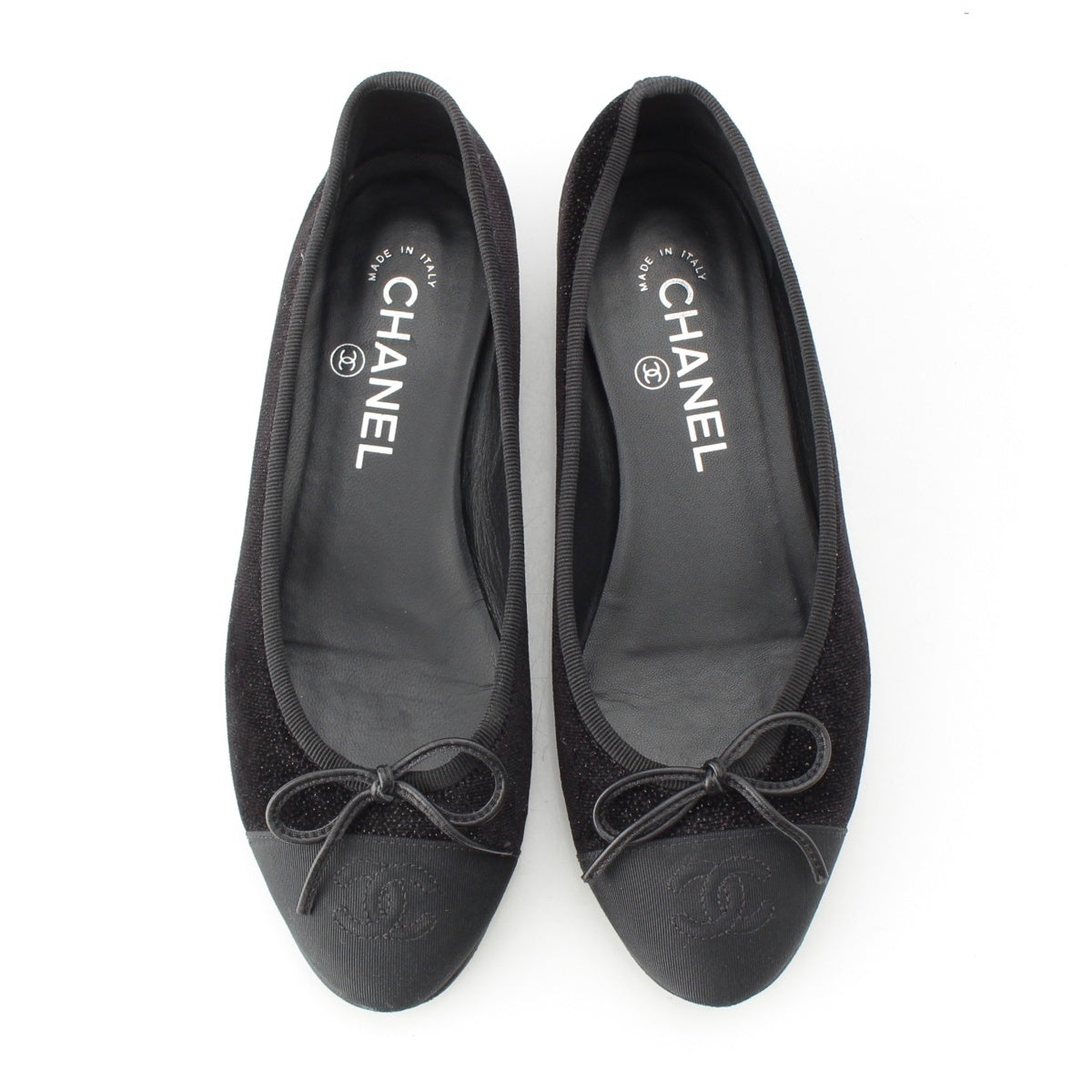 CHANEL Velor COCO Mark Embroidered Ribbon pumps Shoes Flats G02819 black 36 1/2
