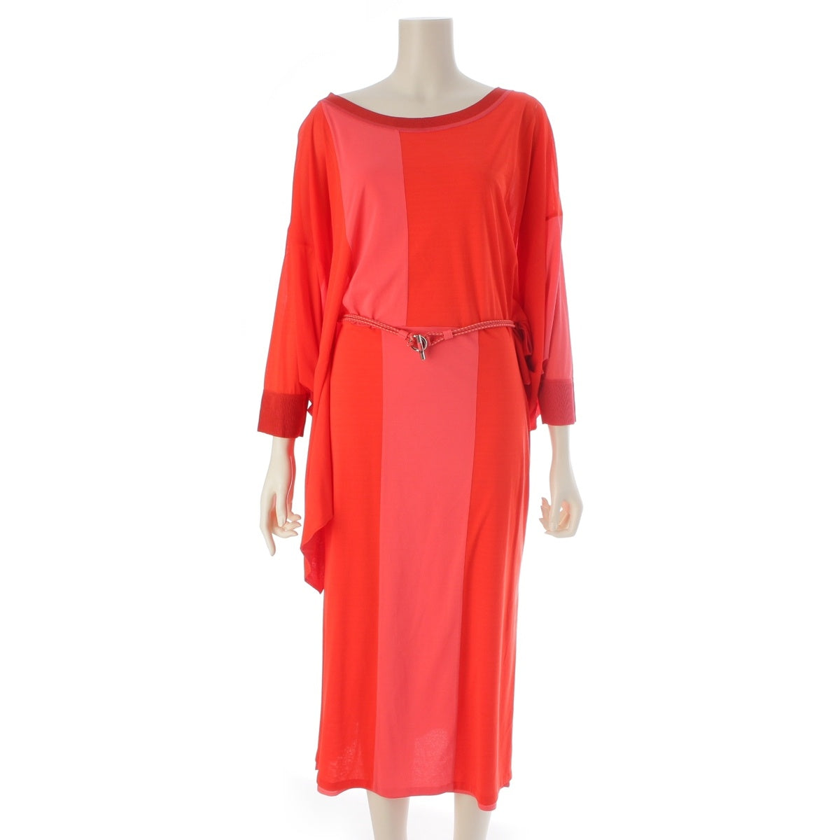 HERMES silk Switching belt included one piece Tops Skirt Long Red pink 38