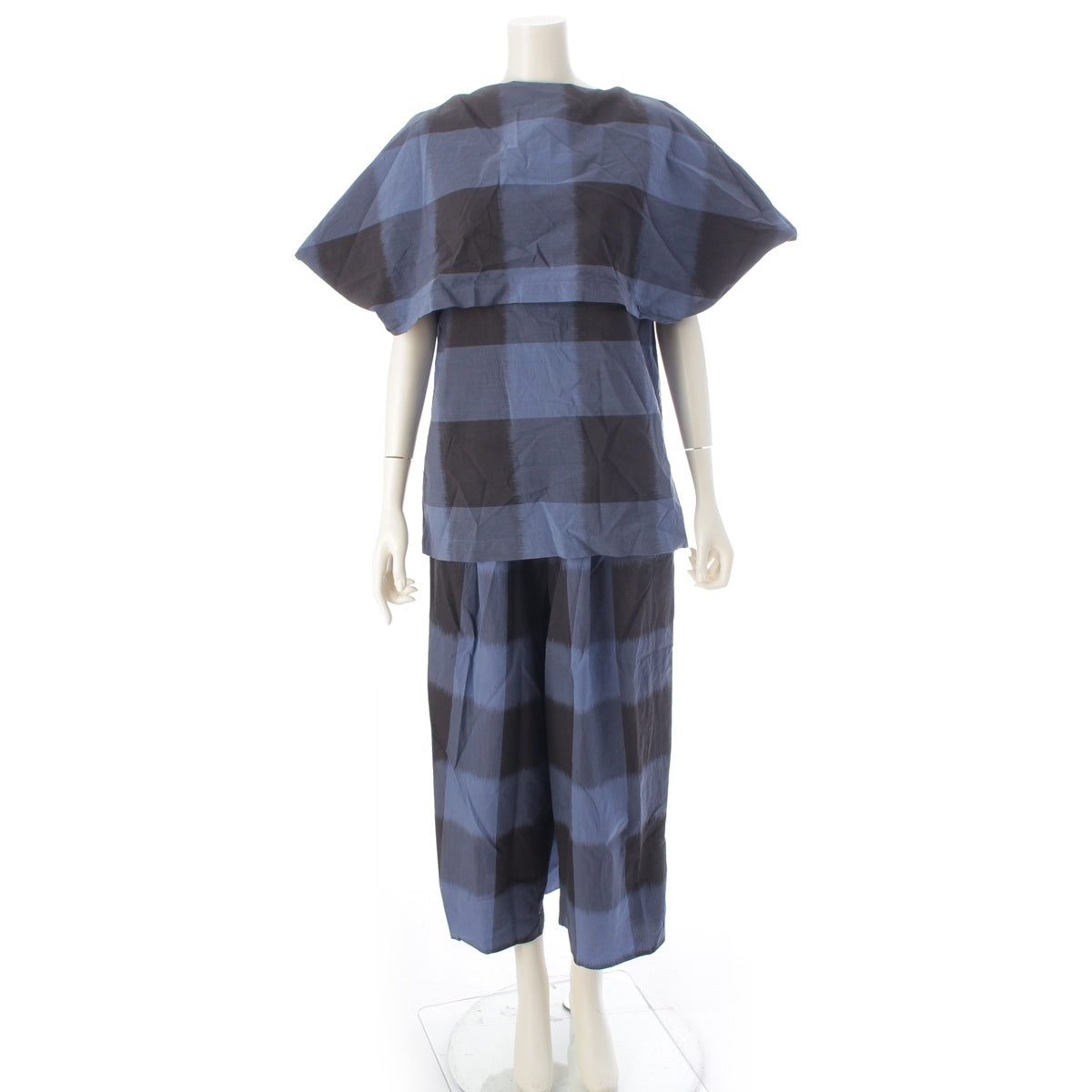 ISSEY MIYAKE cotton Brush Tag Check Pattern Top Pants setup JG12468/ JG41608 blue-black M