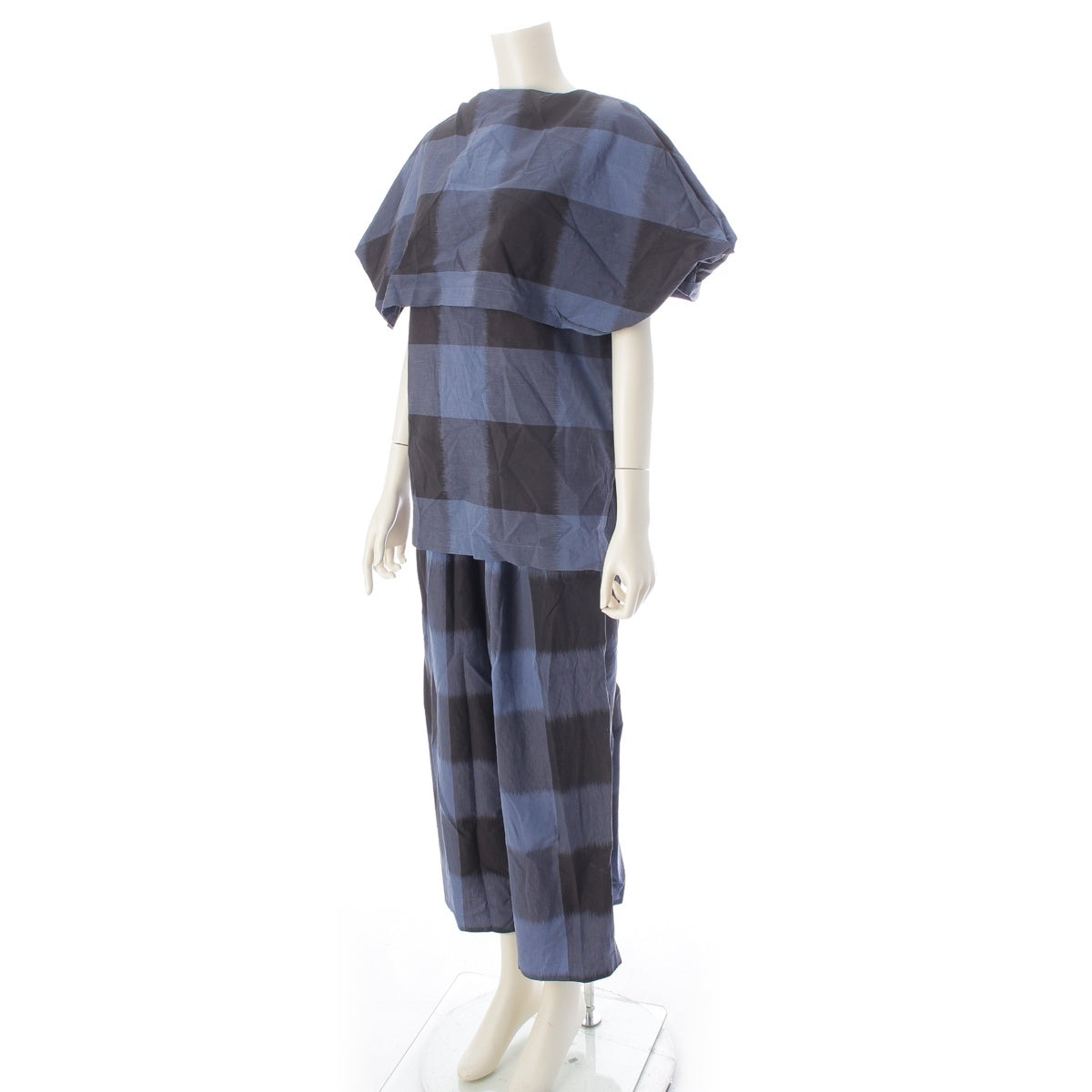 ISSEY MIYAKE cotton Brush Tag Check Pattern Top Pants setup JG12468/ JG41608 blue-black M