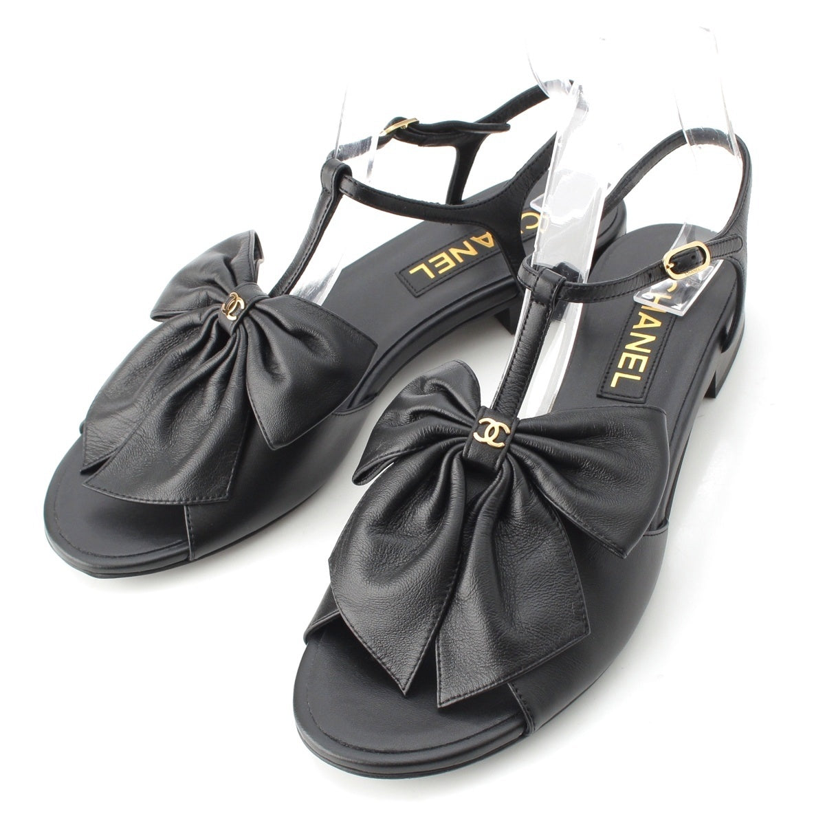 CHANEL Lambskin leather COCO Mark Big Ribbon Ankle Strap Sandals Shoes Flats G45862 Black gold 38 1/2 C