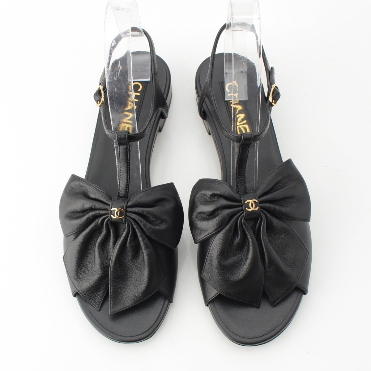 CHANEL Lambskin leather COCO Mark Big Ribbon Ankle Strap Sandals Shoes Flats G45862 Black gold 38 1/2 C