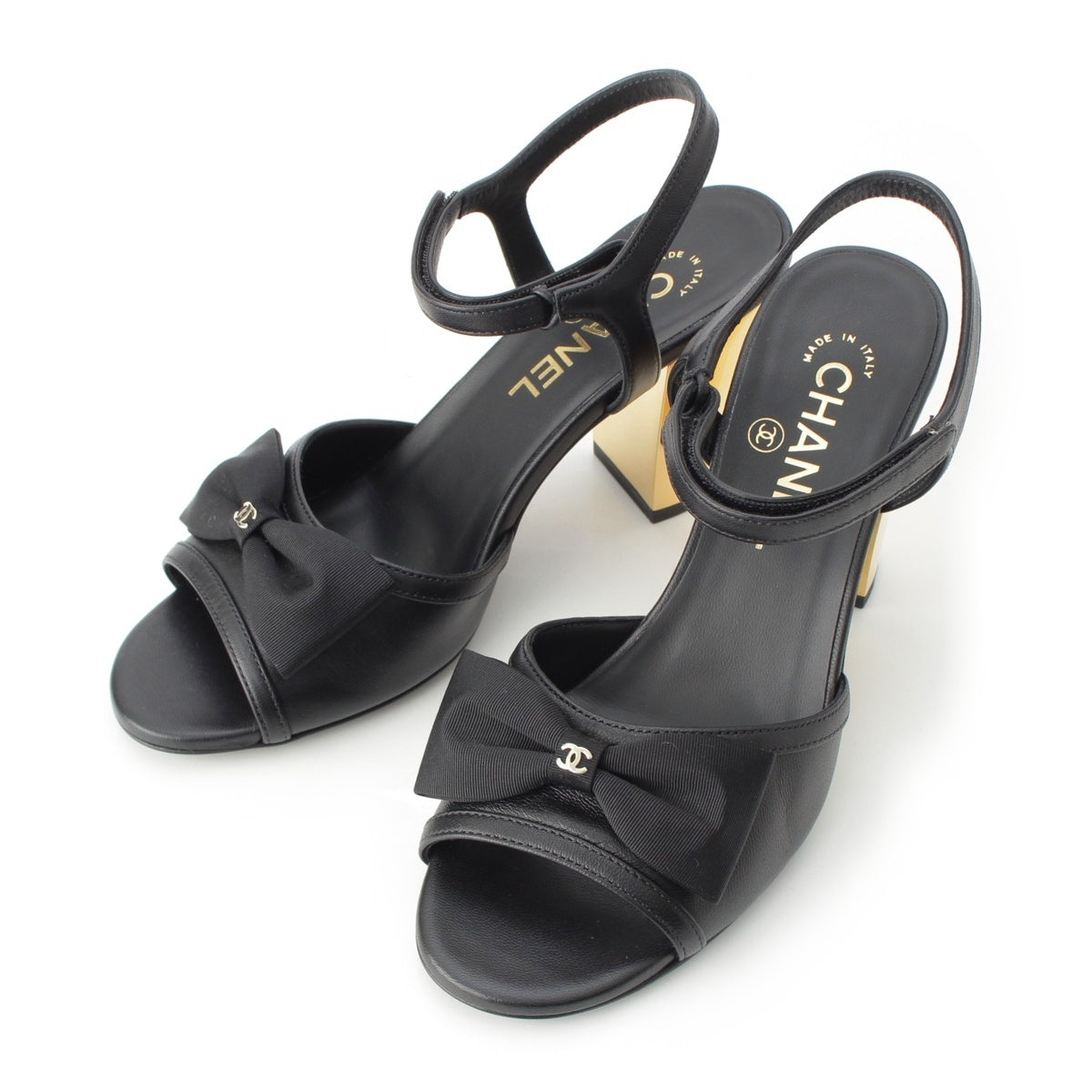 CHANEL leather COCO Mark Strap Ribbon Sandals shoes G45690 Black gold 36 1/2 C