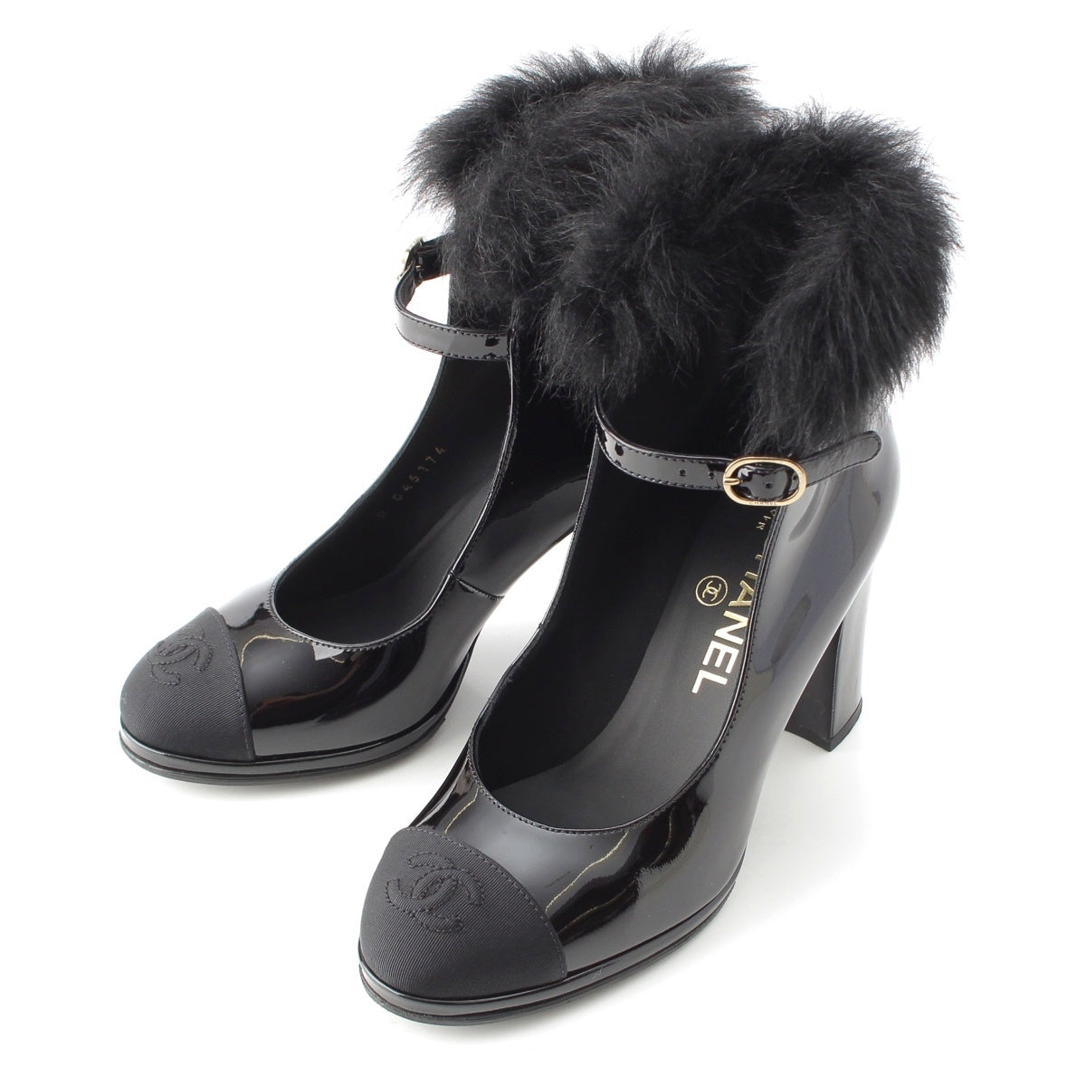 CHANEL Patent leather Mary Jane fur heels pumps shoes G45174 black 35