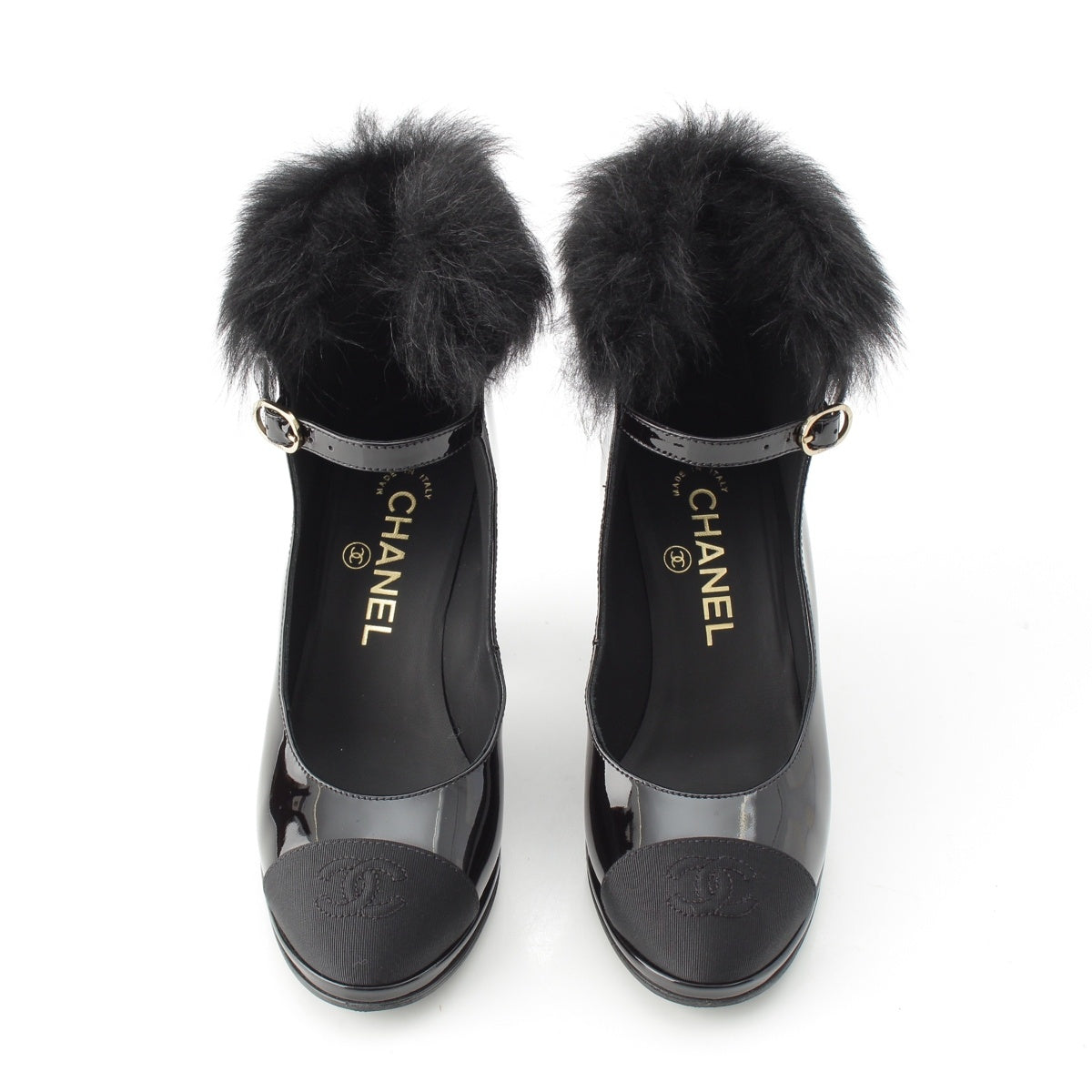 CHANEL Patent leather Mary Jane fur heels pumps shoes G45174 black 35