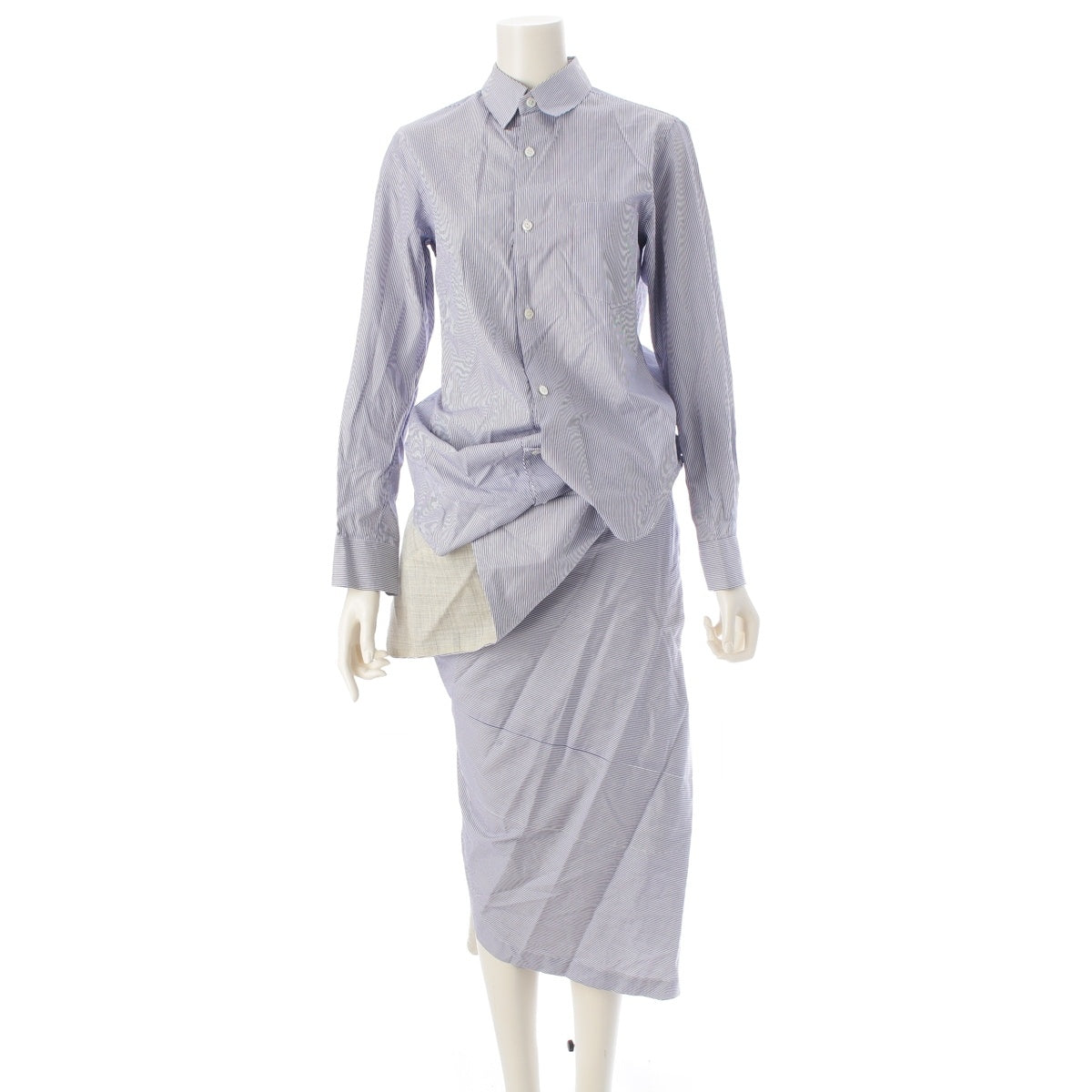 COMME des GARCONS cotton FUSION era striped, patchwork, asymmetrical dress shirt one piece GO-04009S white blue gray S