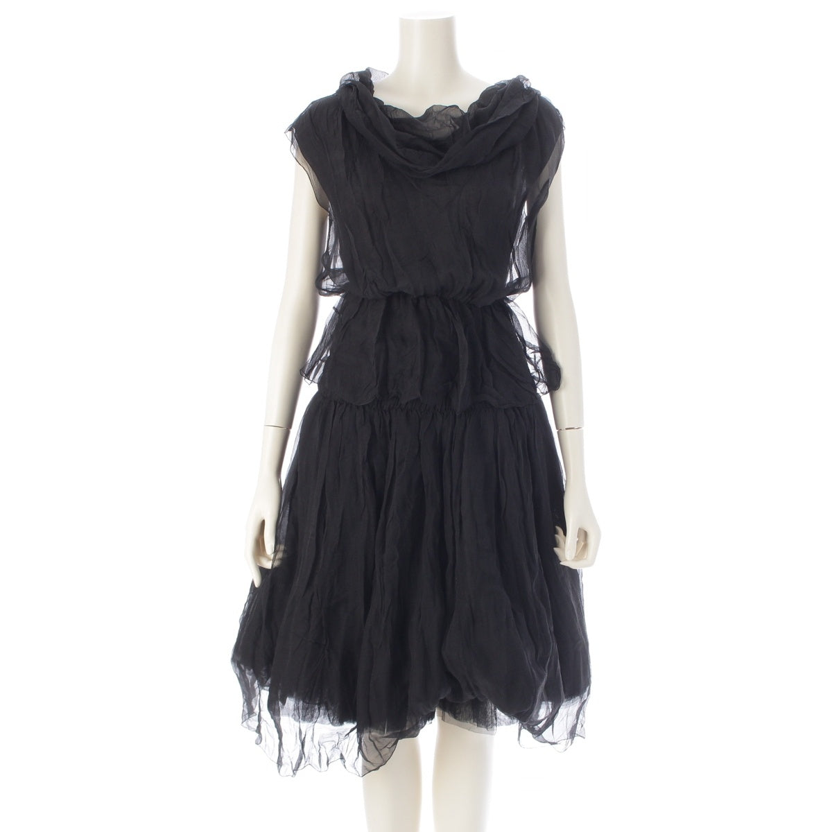 CHANEL silk Chiffon voluminous sleeveless dress one piece P15842 black 38