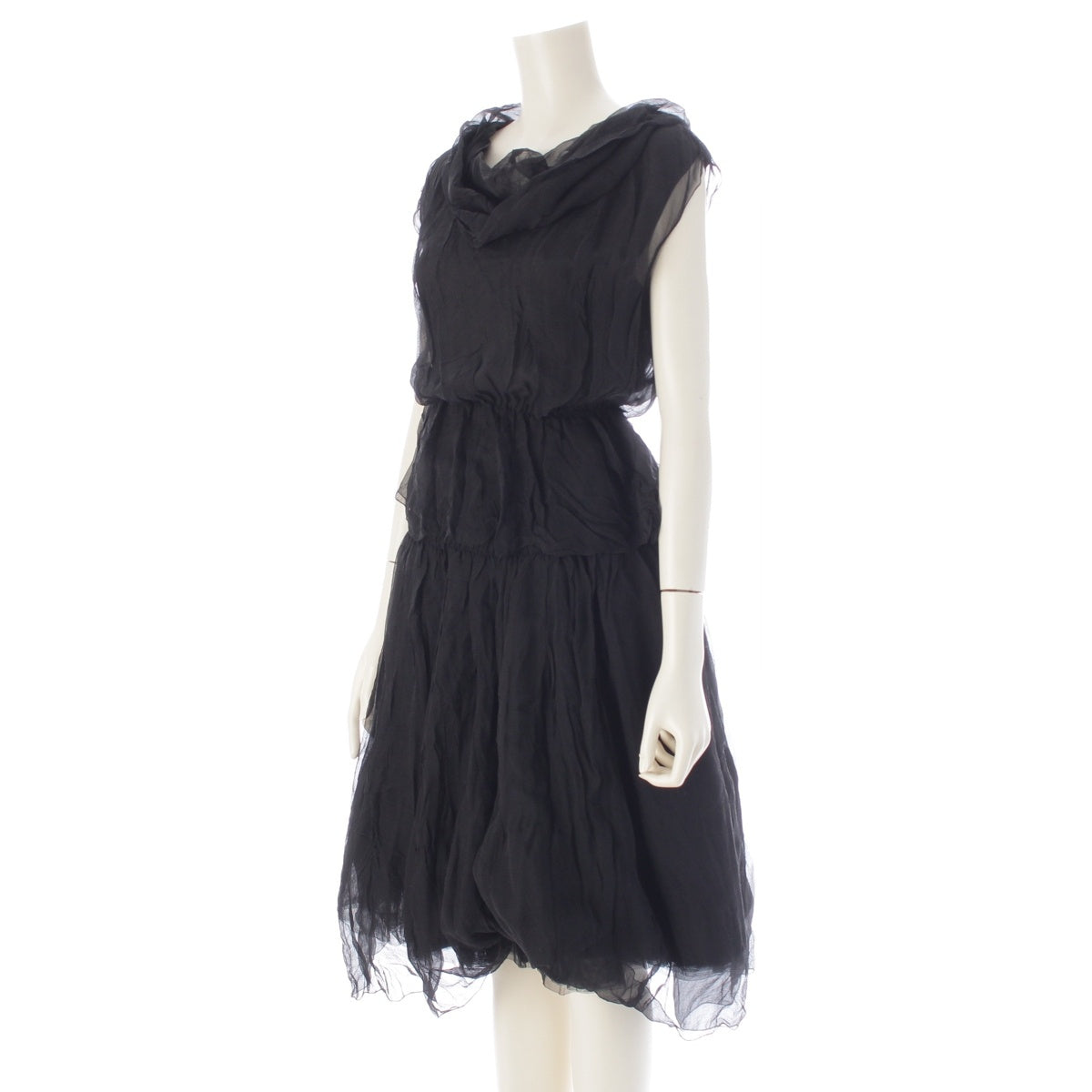CHANEL silk Chiffon voluminous sleeveless dress one piece P15842 black 38