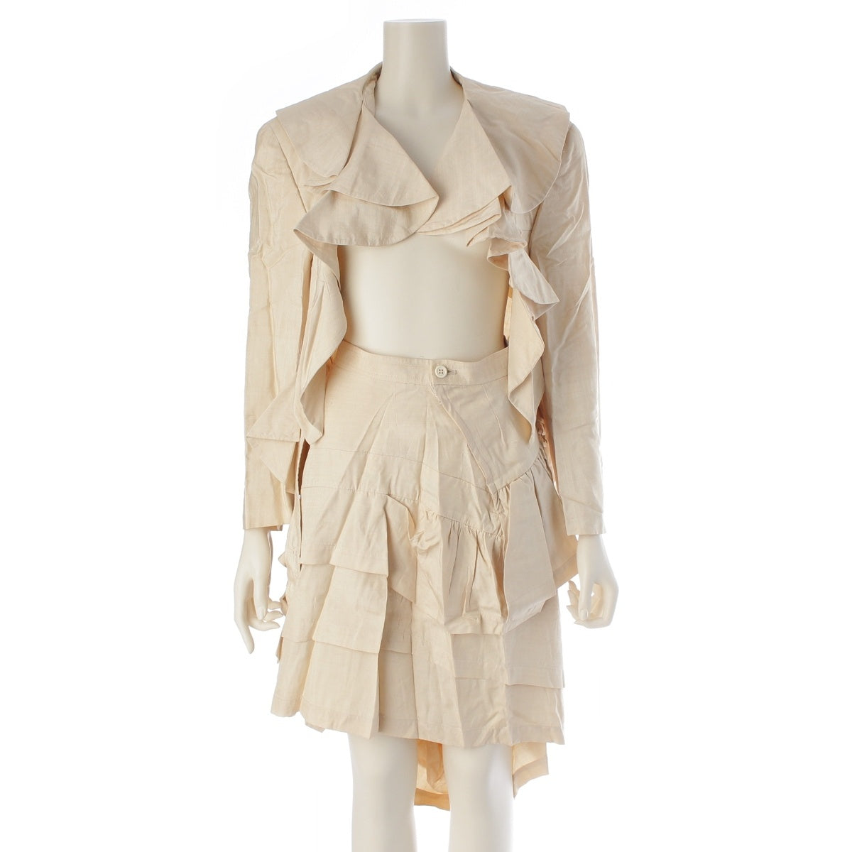 COMME des GARCONS silk Frilled Belted Long Jacket Asymmetrical Skirt setup beige M