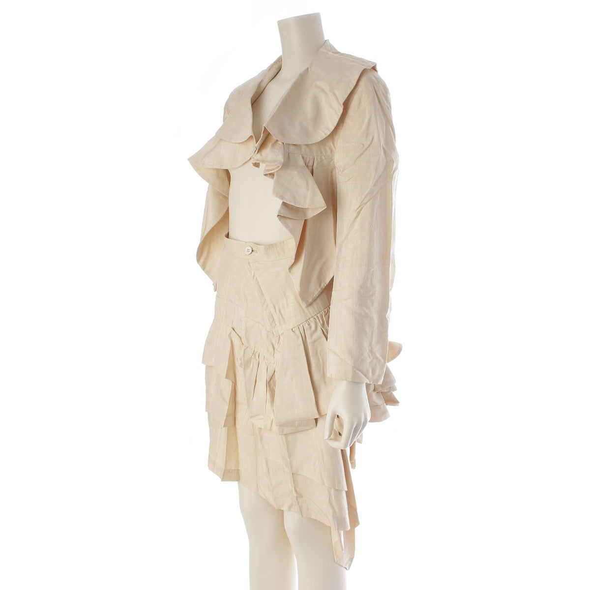 COMME des GARCONS silk Frilled Belted Long Jacket Asymmetrical Skirt setup beige M