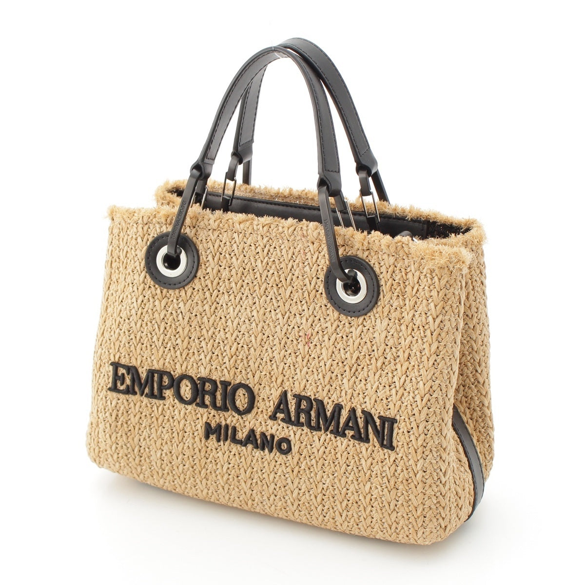 Emporio Armani Raffia Logo 2WAY shoulder Handbag Straw Bag Basket Beige, Black, Natural