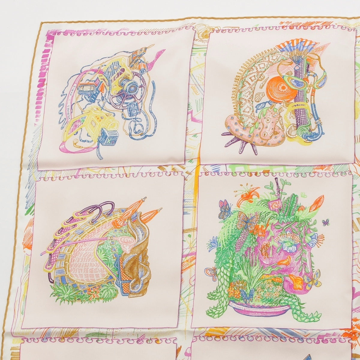 HERMES silk Carre 90 Chevaloscope Neon scarf pink