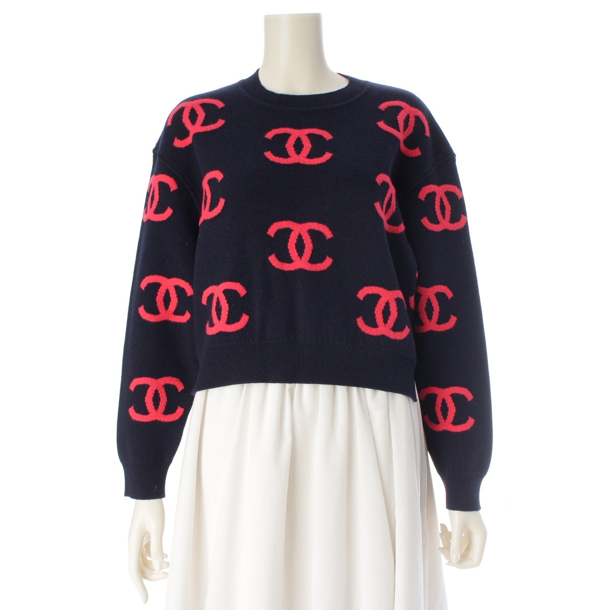 CHANEL cashmere COCO Mark sweater P70525 Navy x pink 36