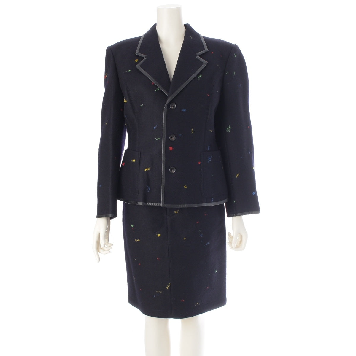 COMME des GARCONS Melton wool faux leather Nep Trim Jacket Long Skirt setup black multi color M