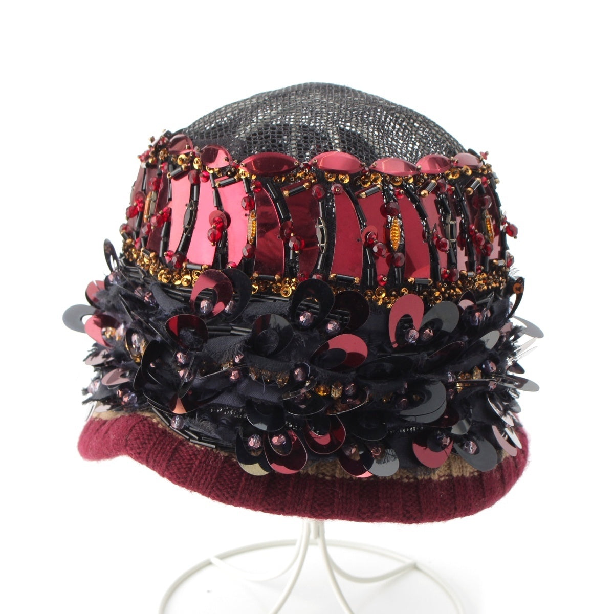 PRADA Decorations, rhinestones, mesh, sequins, beads hat hat Black, red, and multicolor