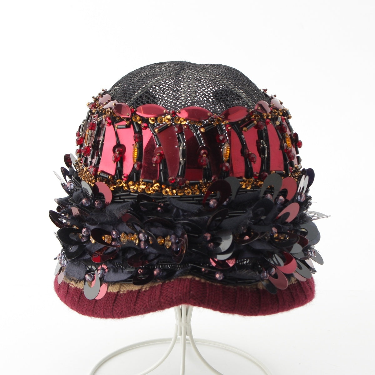 PRADA Decorations, rhinestones, mesh, sequins, beads hat hat Black, red, and multicolor