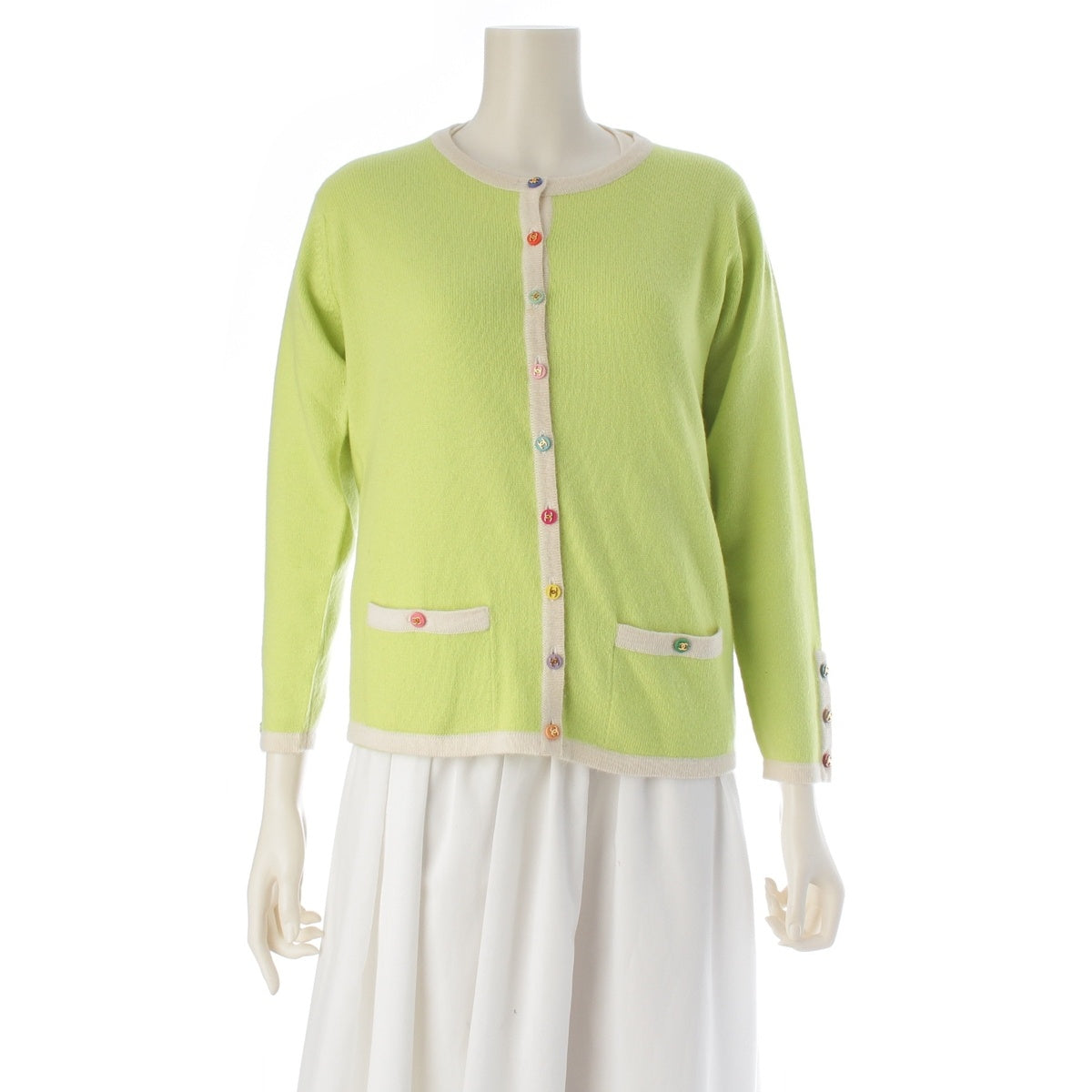 CHANEL cashmere COCO Mark Multicolor Button Short-Sleeve Top Long-Sleeve Cardigan ensemble P06261 yellow-green 40