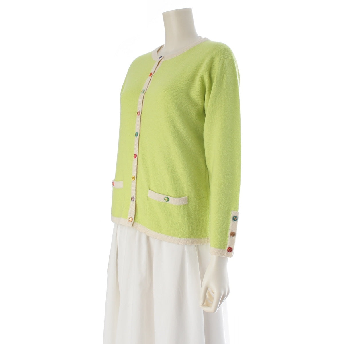 CHANEL cashmere COCO Mark Multicolor Button Short-Sleeve Top Long-Sleeve Cardigan ensemble P06261 yellow-green 40