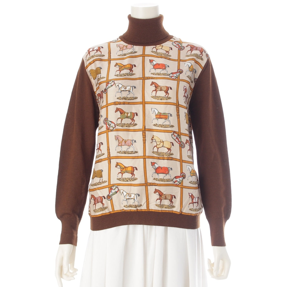 HERMES Silk wool 48 horses in the paddock, printed high neck sweater knit Brown 42
